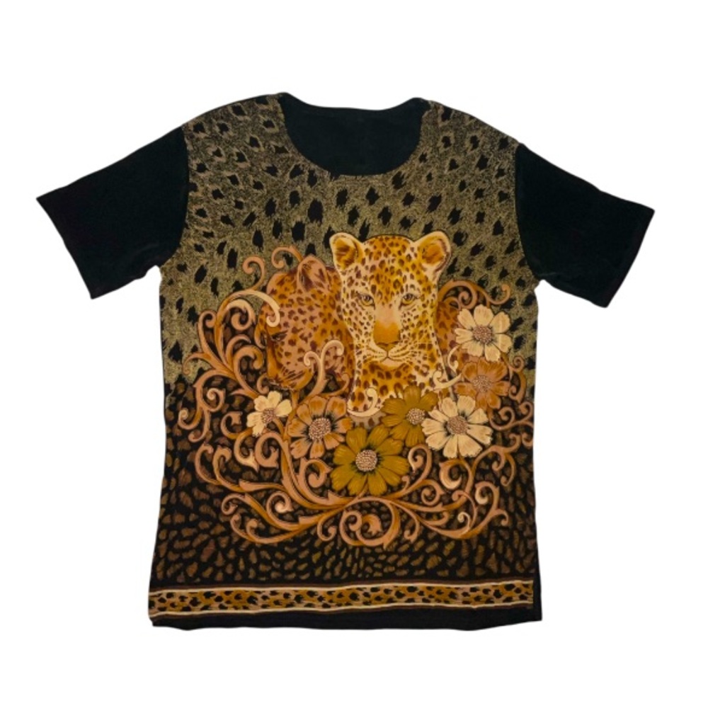 Y2K Animal Print Leopard Floral Slinky Short Sleeve Shirt Black Size Large